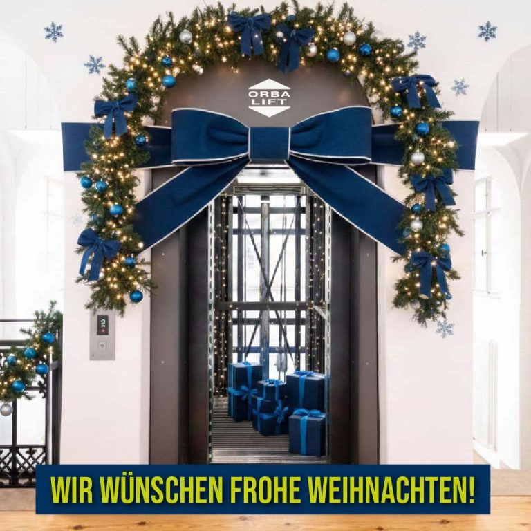 Ein weihnachtlich geschmückter Orba Lift mit Geschenken und Weihnachtswünschen