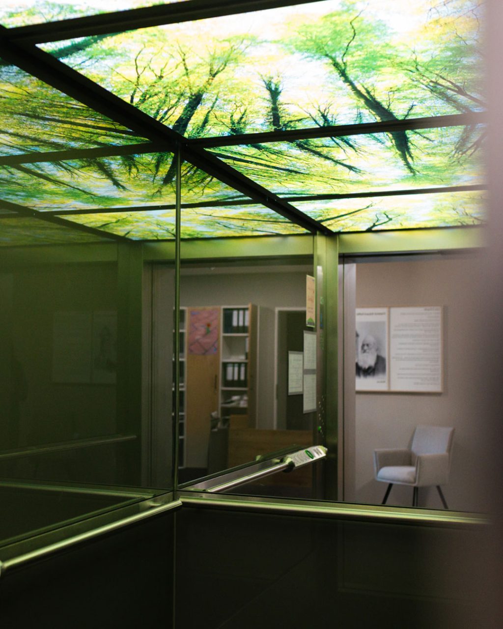 Blick aus einer Ecke des Aufzugs. Die verspiegelten Seitenwände erzeugen eine unendliche Reflexion der beleuchteten Wald-Decke. Durch die geöffnete Tür sieht man ein angrenzendes Büro mit Aktenschränken sowie den Wartebereich mit der Keffel-Infotafel und einem Sessel.